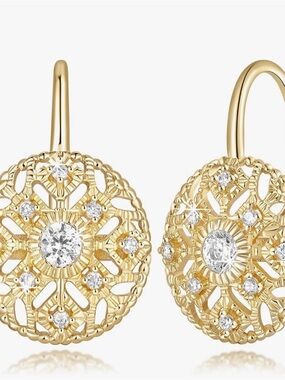 Delicate Gold Filigree Drop Earrings with Crystal Centers